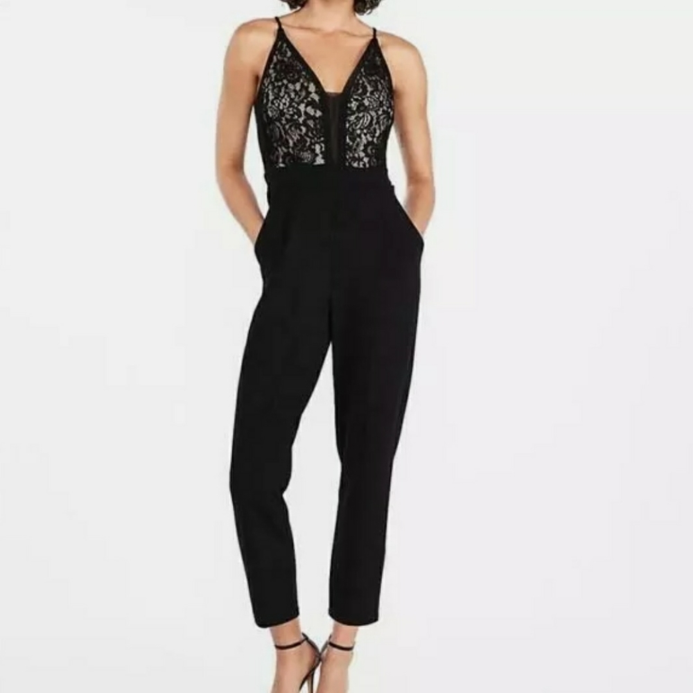 Black Lace-Top Jumpsuit with Tailored Pants